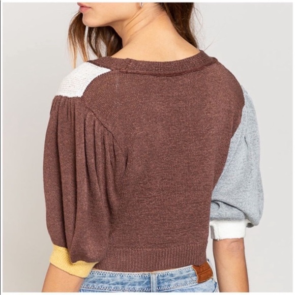 ✨POL✨ Colorblock Cardigan Sweater Brown Yellow - Picture 5 of 7